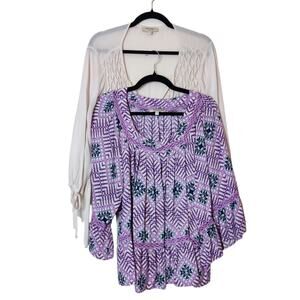 Lot of 2 Haute Hippie Tribe Boho Gauzy Relaxed Peasant Tops Large Bohemian